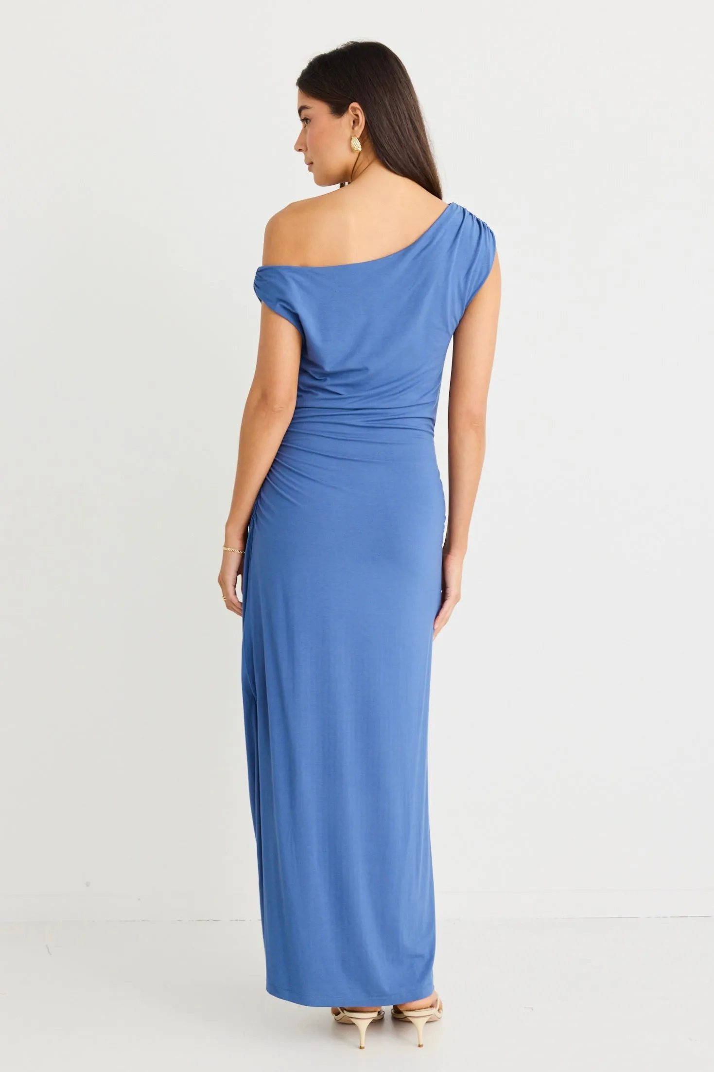 Magic Mid Blue Jersey Off Shoulder Maxi Dress