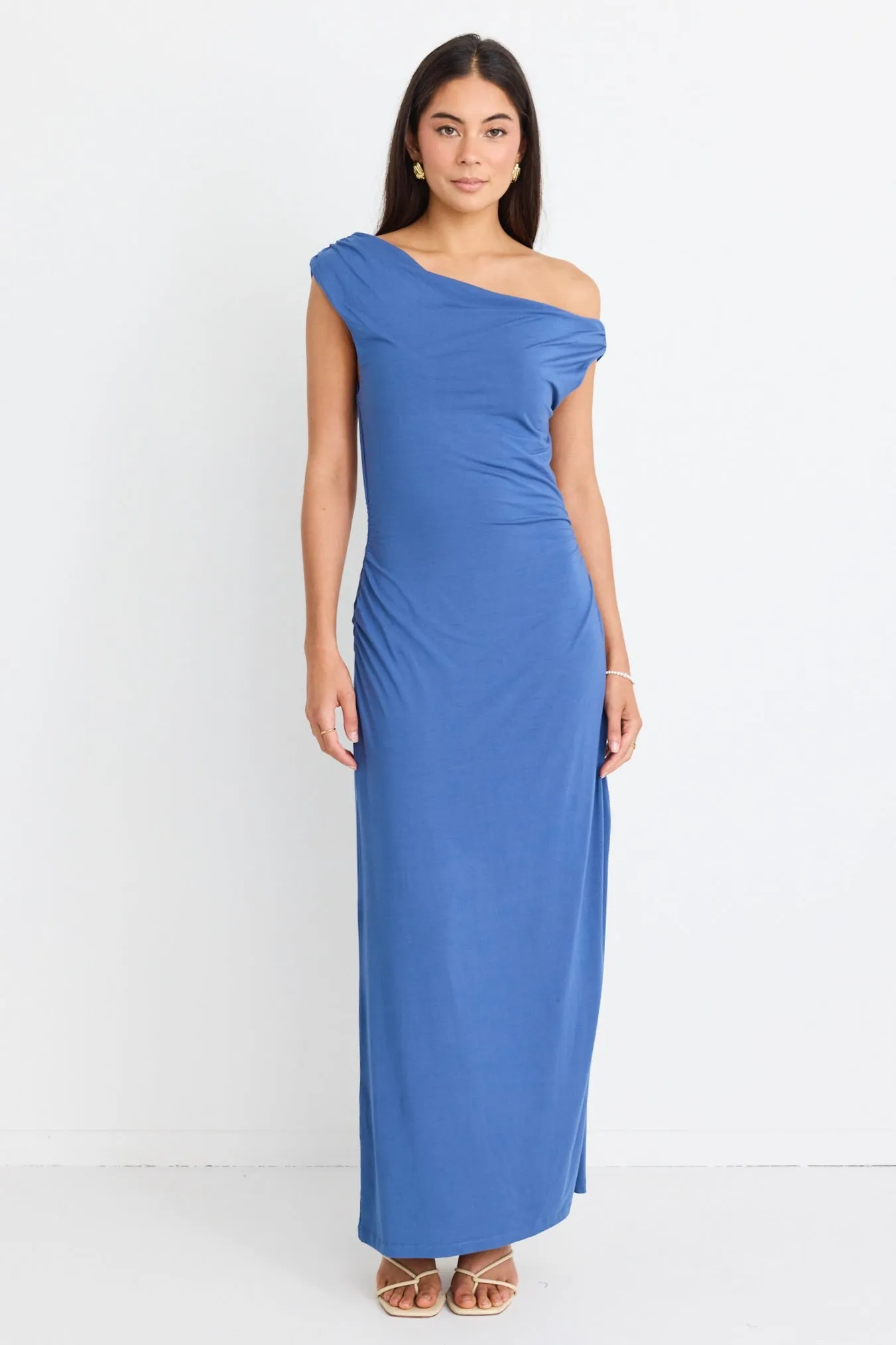 Magic Mid Blue Jersey Off Shoulder Maxi Dress