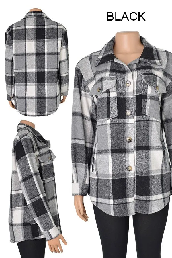 Malibu Plaid over size long flannel shacket with hood jk8828 black