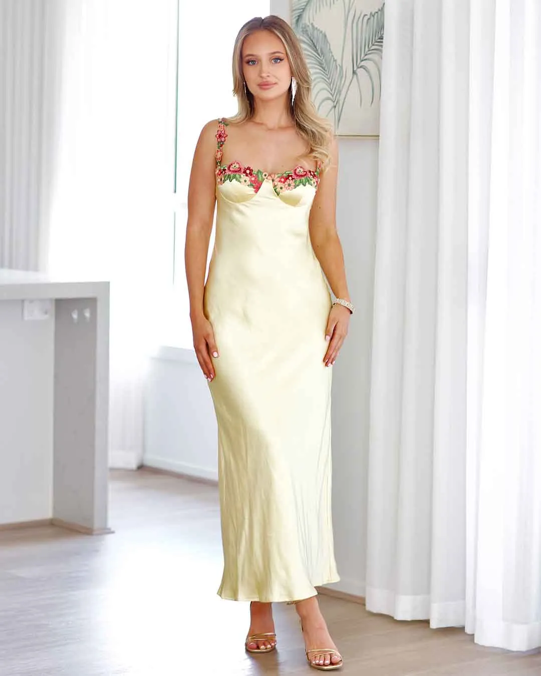 Maria Satin Maxi Dress - Yellow