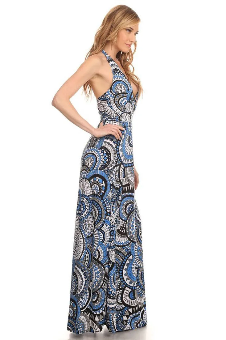 Maxi Dress Halter Top Medallion Blue