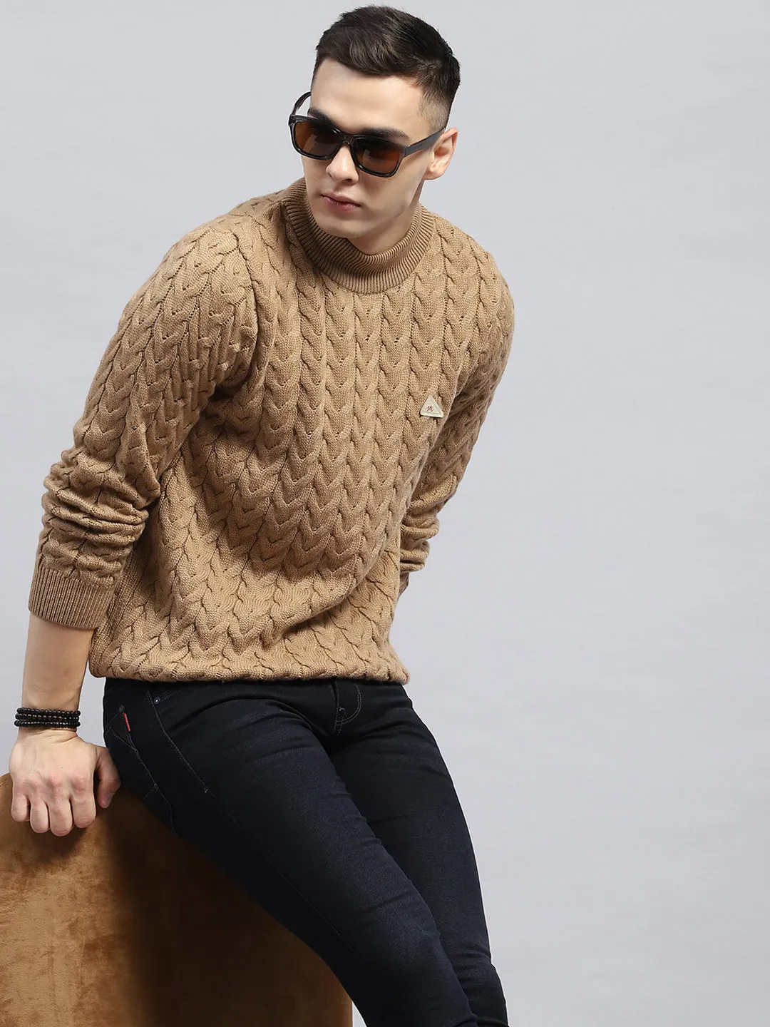 Men Brown Self Design High Neck Full Sleeve Pullover