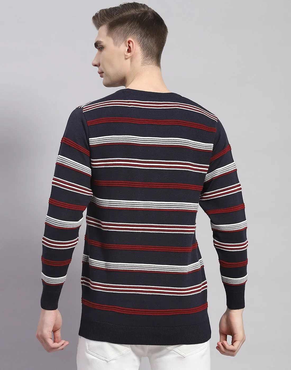 Men Navy Blue Stripe Round Neck Full Sleeve Pullover