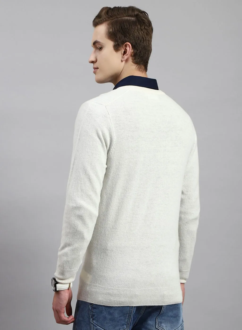 Men Off White Solid Lamb wool Pullover