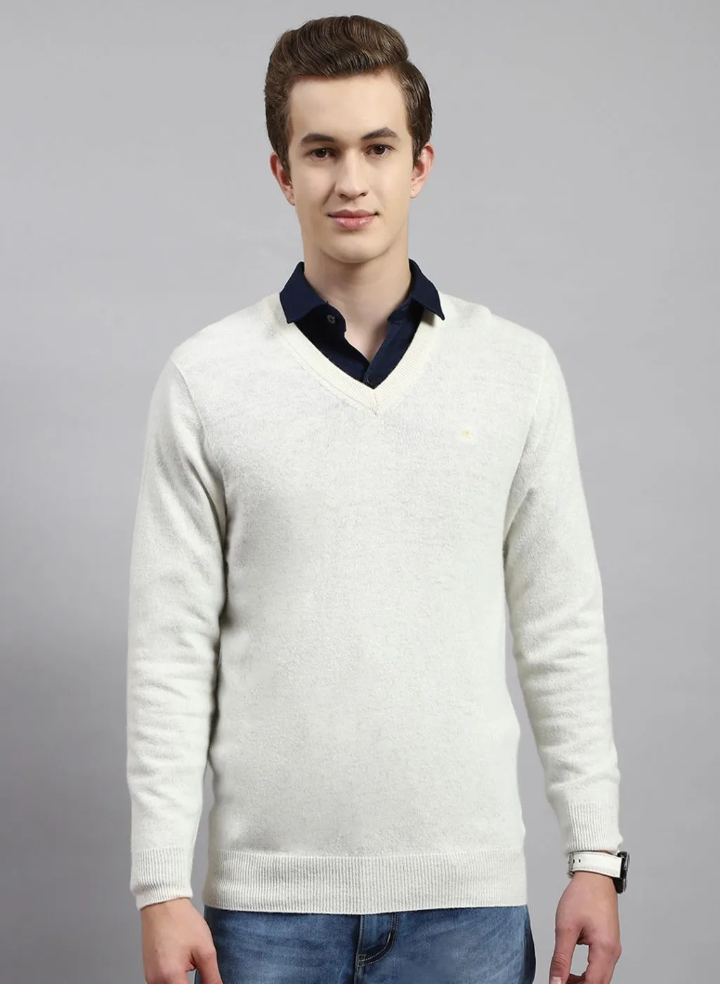 Men Off White Solid Lamb wool Pullover