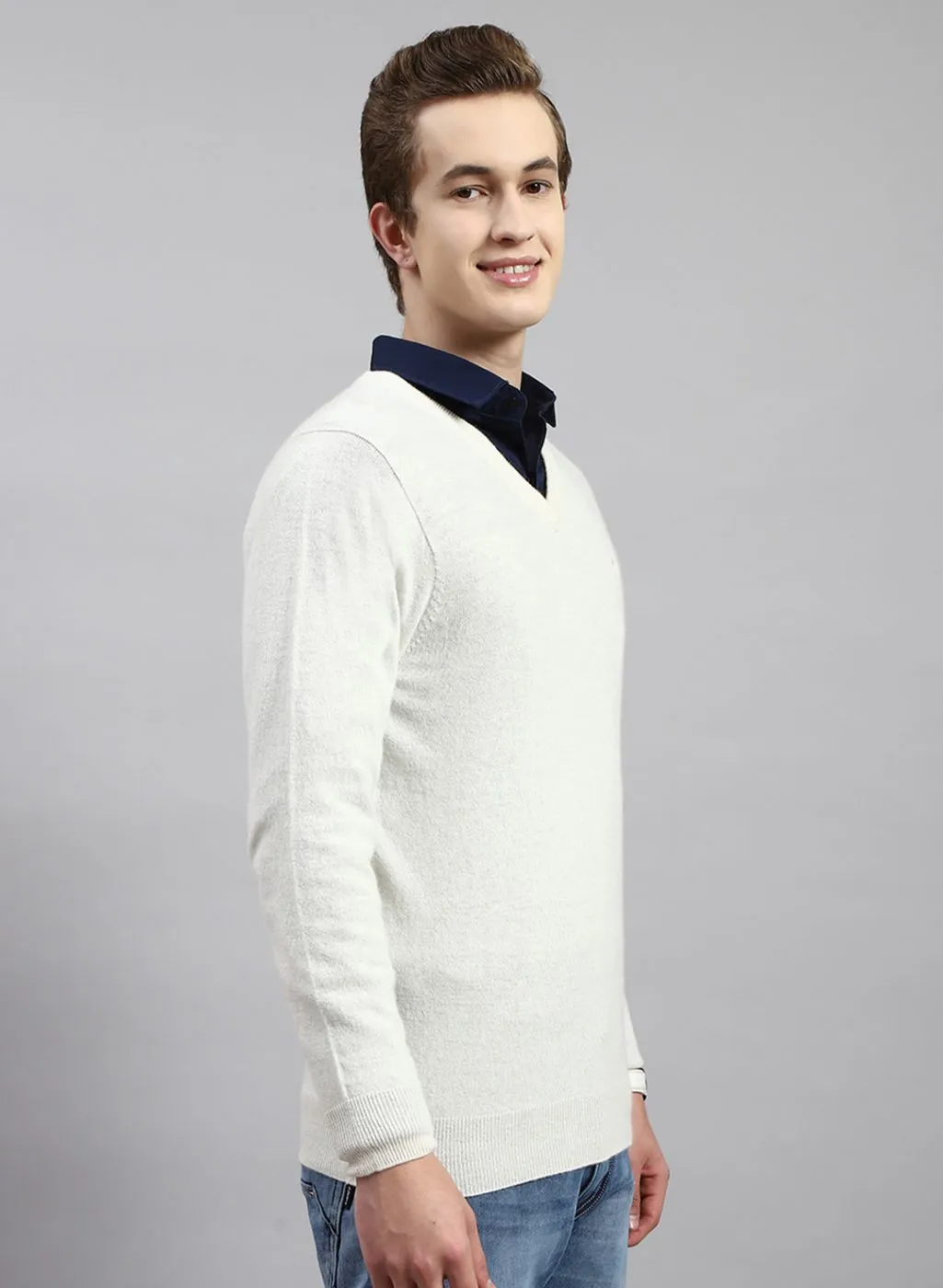 Men Off White Solid Lamb wool Pullover