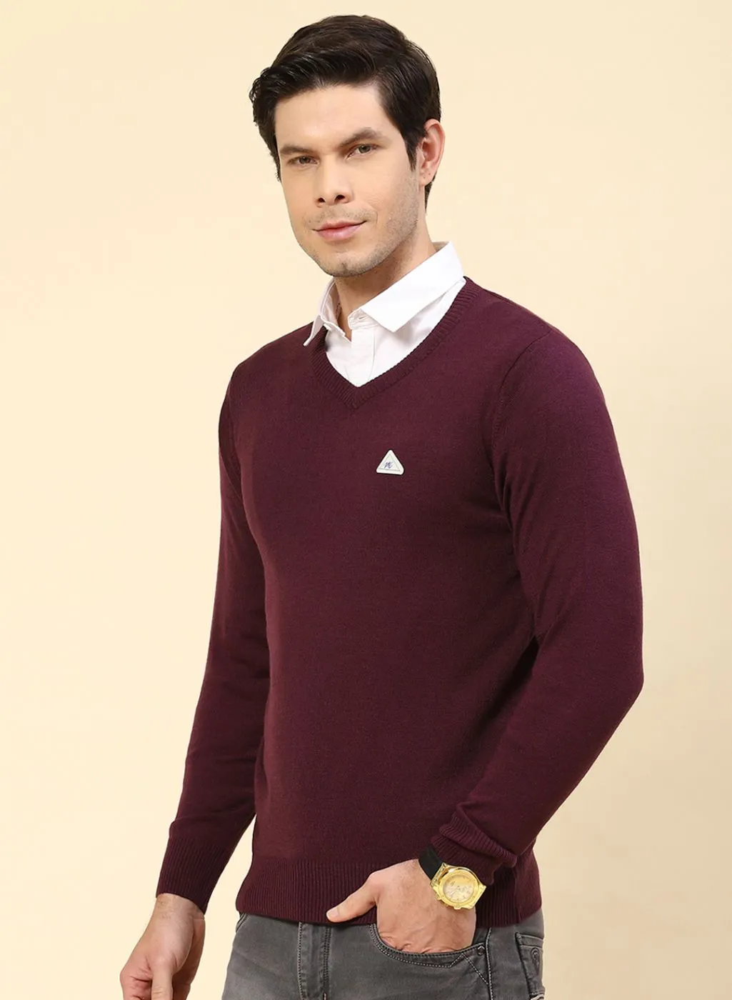 Men Purple Solid Wool blend Pullover