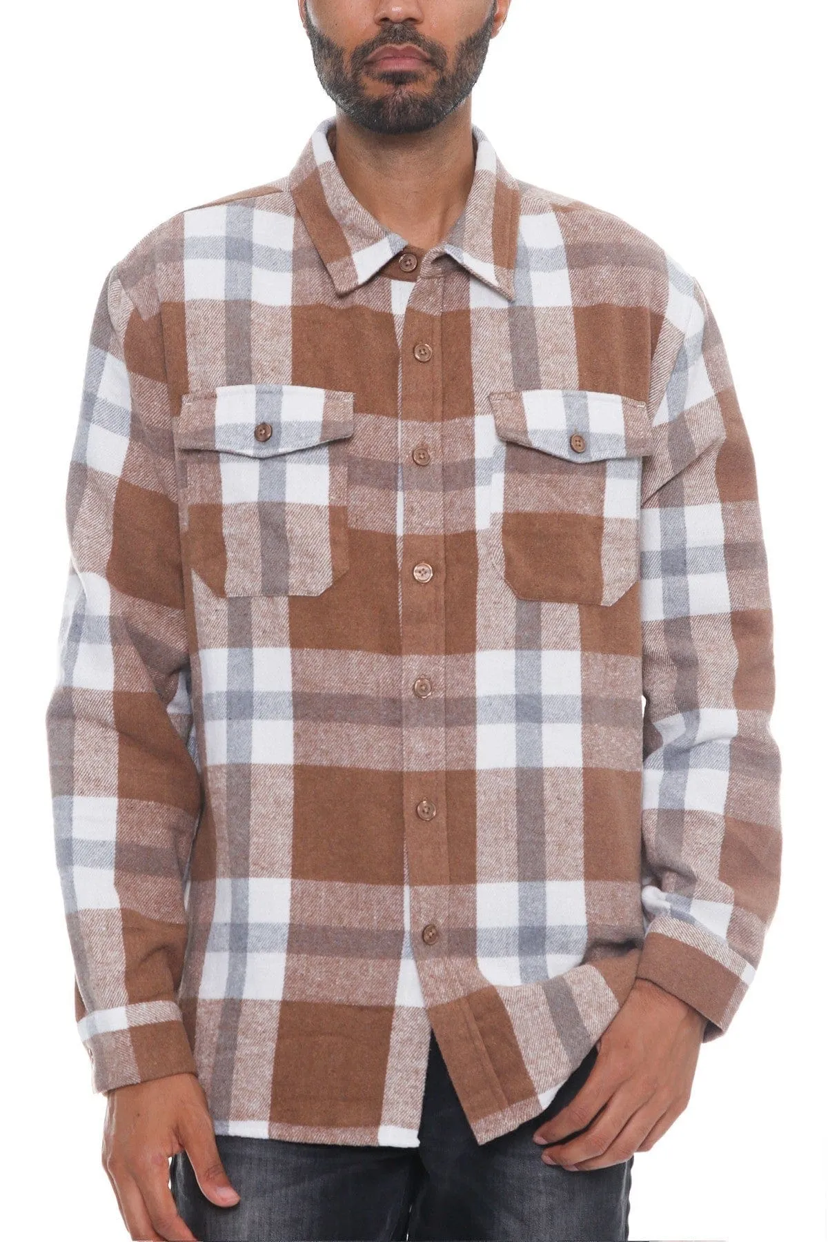 Men's Checkered Soft Flannel Shacket in Mocha/Grey: A Fusion of Comfort and Class