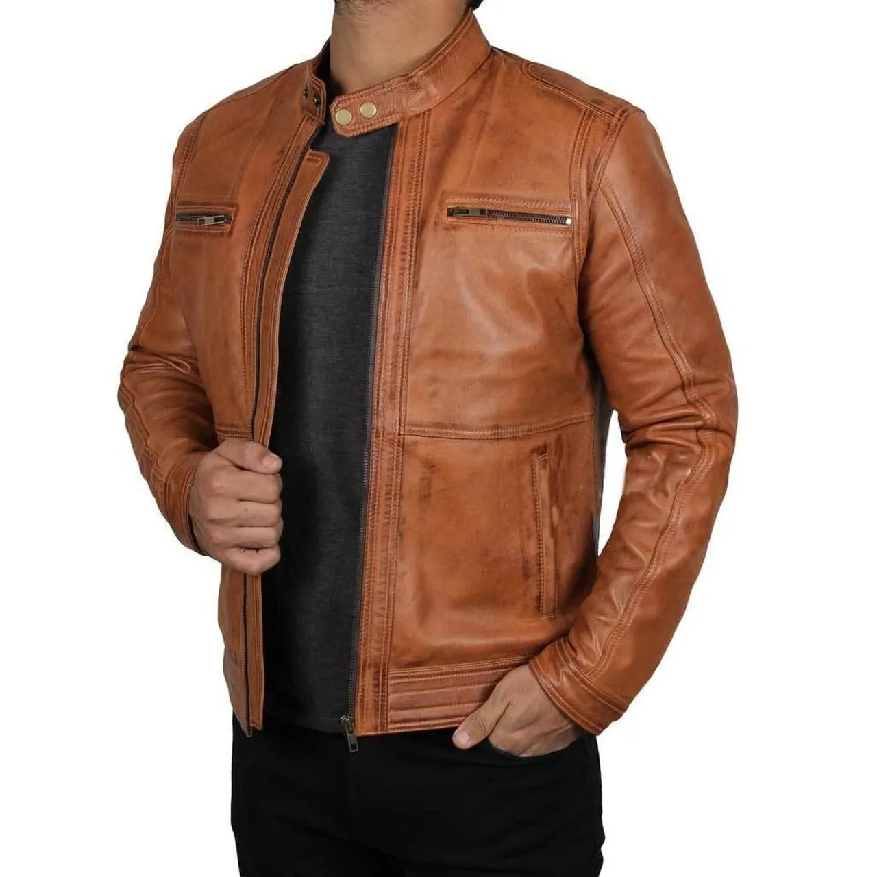 Men's Classic Brown Leather Biker Jacket