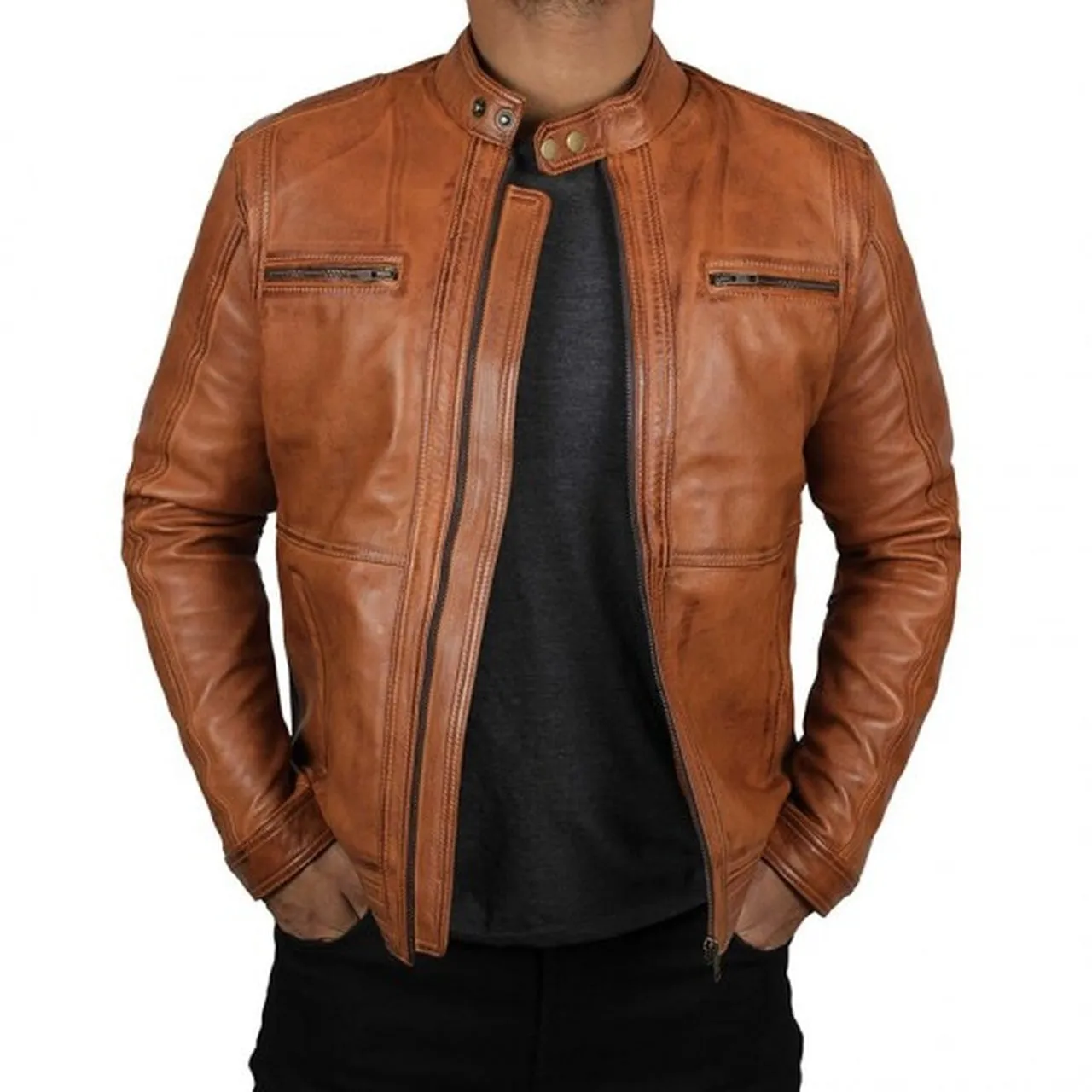 Men's Classic Brown Leather Biker Jacket