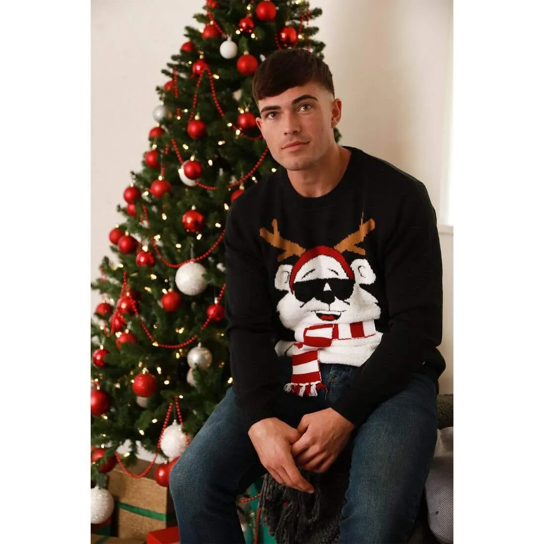 Mens Novelty Christmas Jumper Light Up Knitted Polar Bear