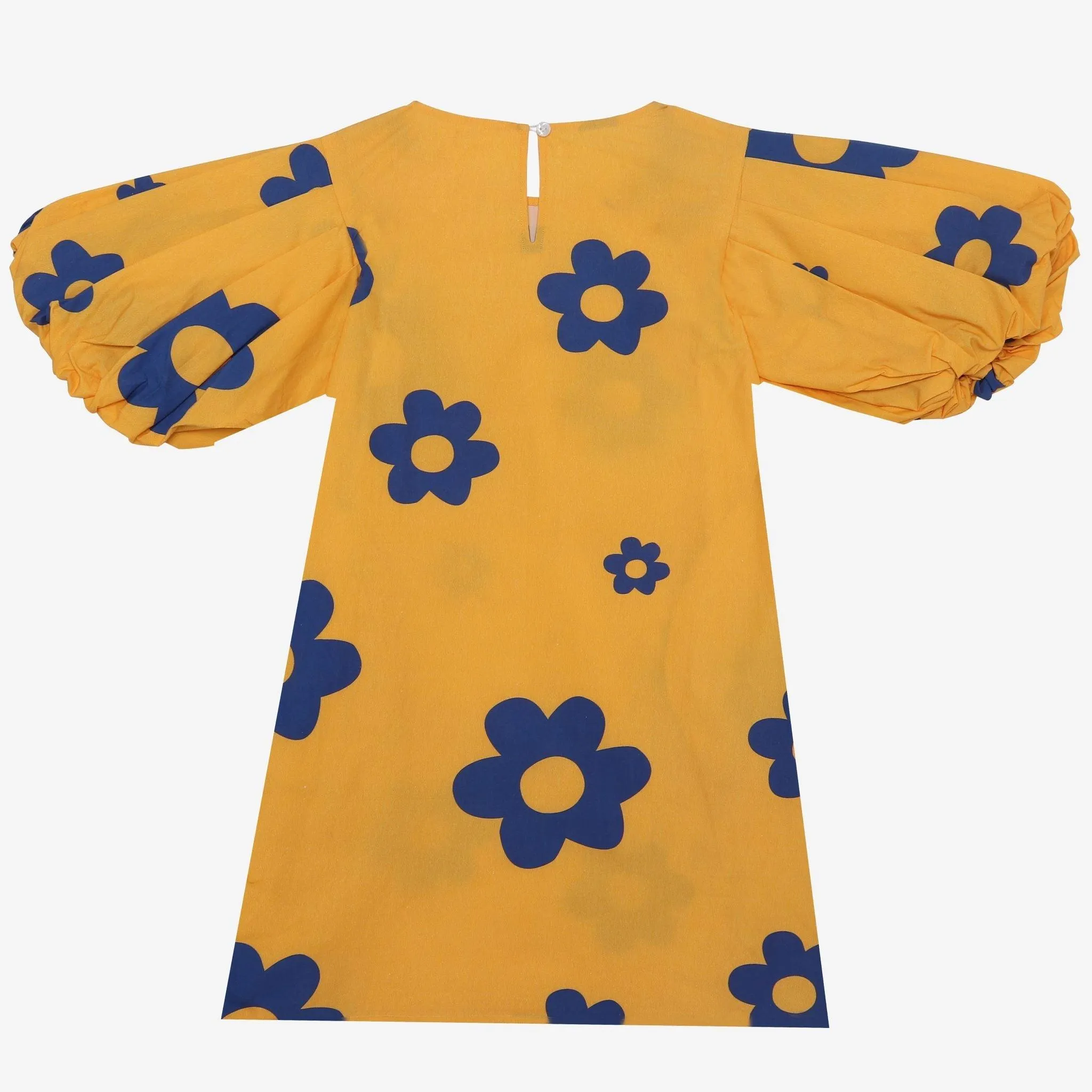 Meringue- Puffed Sleeves Yellow Dress with Blue Flowers for Girls