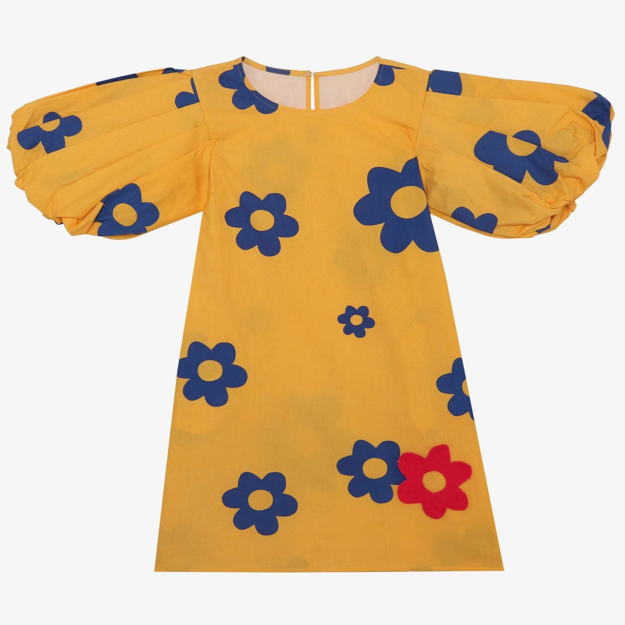 Meringue- Puffed Sleeves Yellow Dress with Blue Flowers for Girls