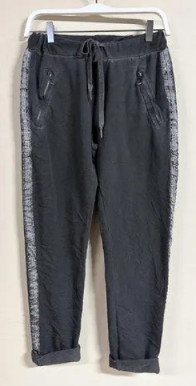 MINERAL WASH SHINY RIBBON SIDE STRIPE COTTON CRINKLE JOGGER WITH SIDE ZIPPER POCKETS - GREY