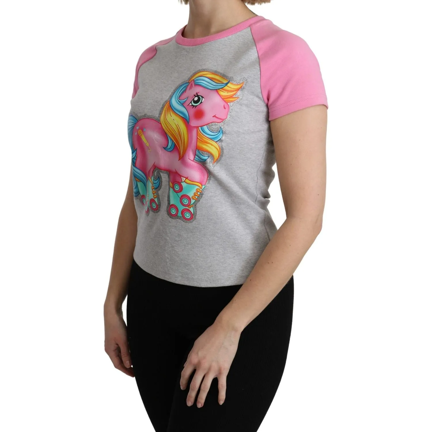 Moschino Chic Gray Crew Neck Cotton T-shirt with Pink Accents