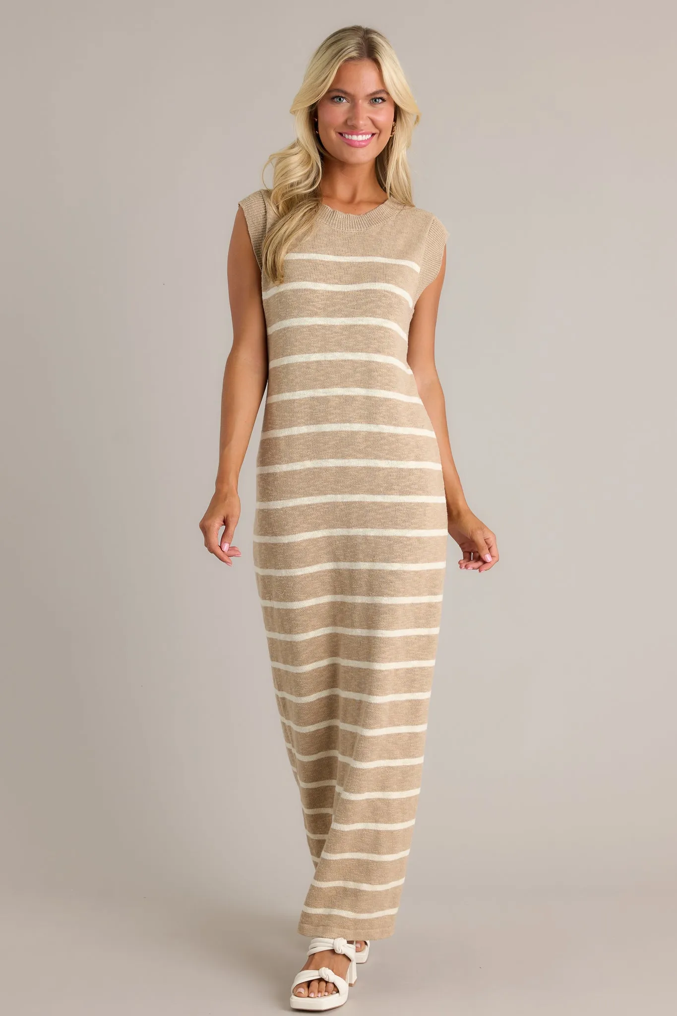 Neutral Grace Taupe Stripe Sleeveless Maxi Dress