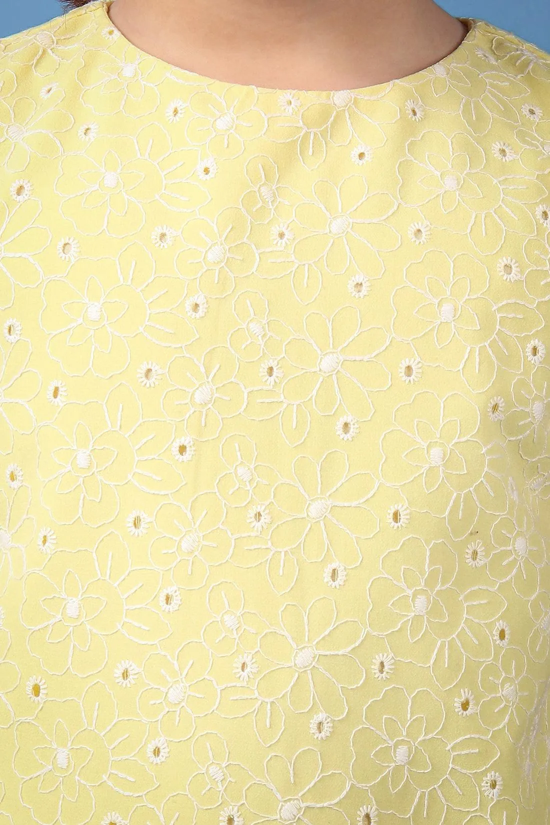 One Friday Kids Girls Yellow Embroidered Round Neck Sleeveless Dress With Frills