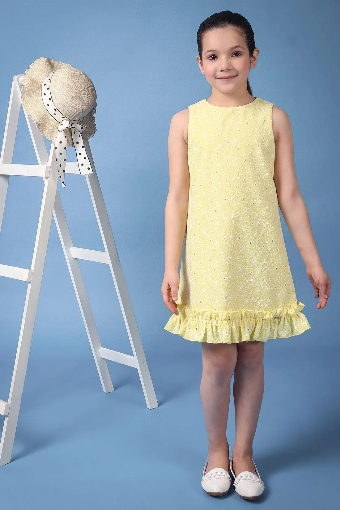 One Friday Kids Girls Yellow Embroidered Round Neck Sleeveless Dress With Frills