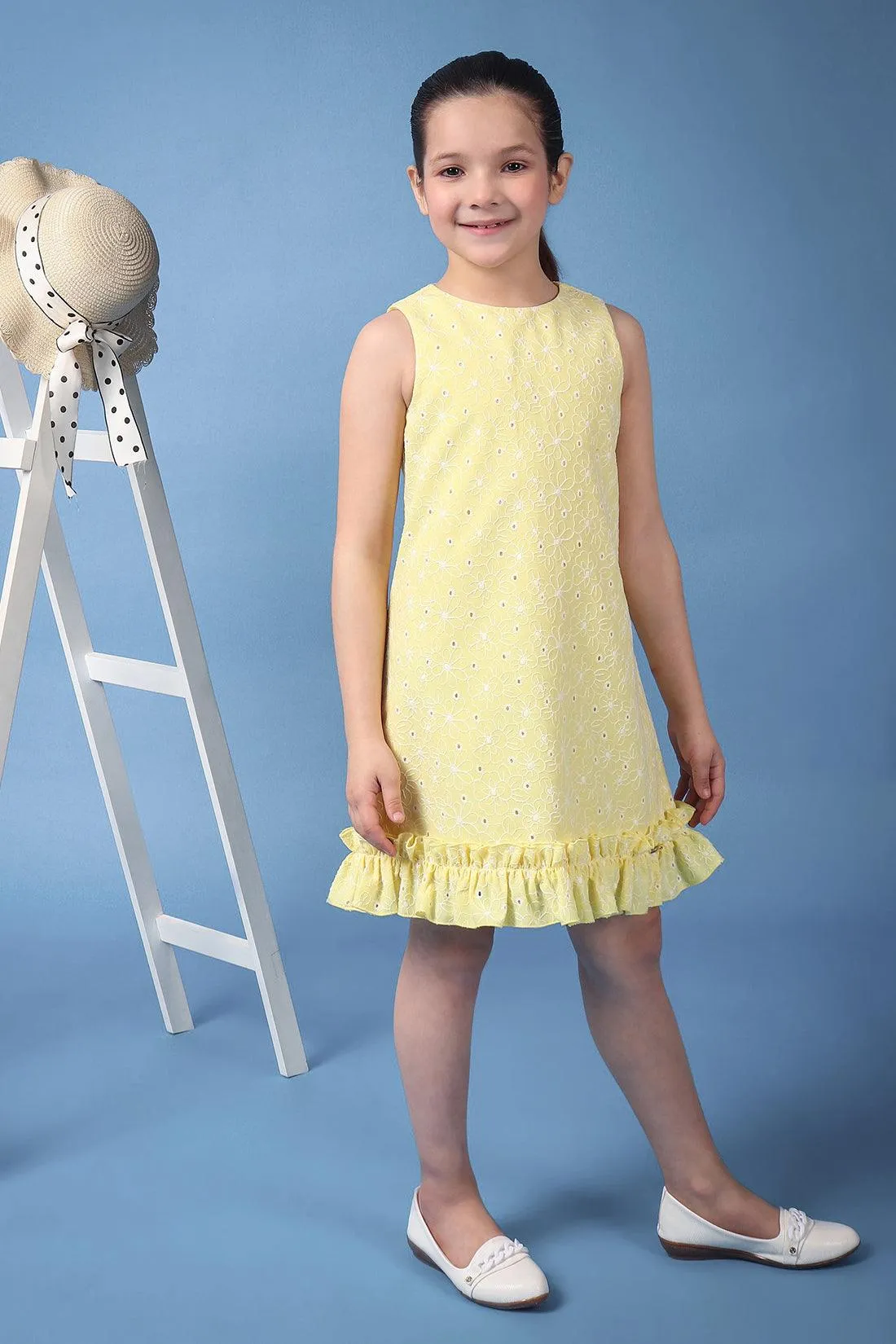 One Friday Kids Girls Yellow Embroidered Round Neck Sleeveless Dress With Frills