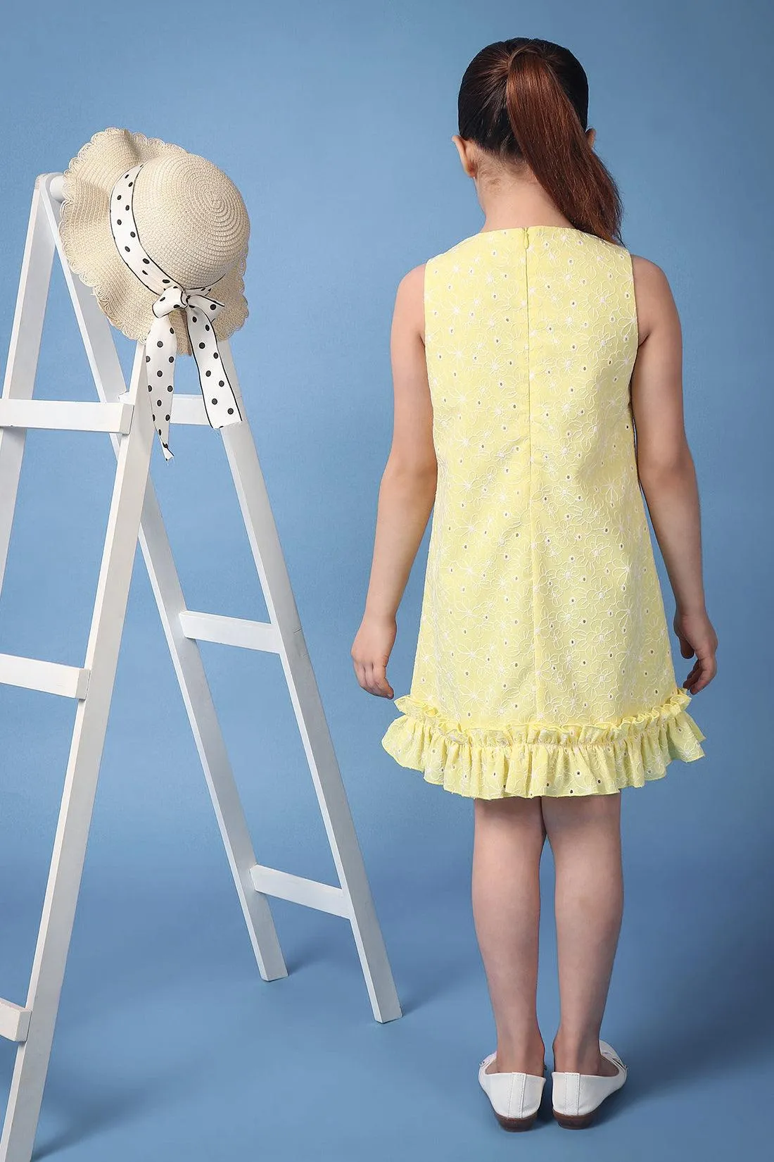 One Friday Kids Girls Yellow Embroidered Round Neck Sleeveless Dress With Frills