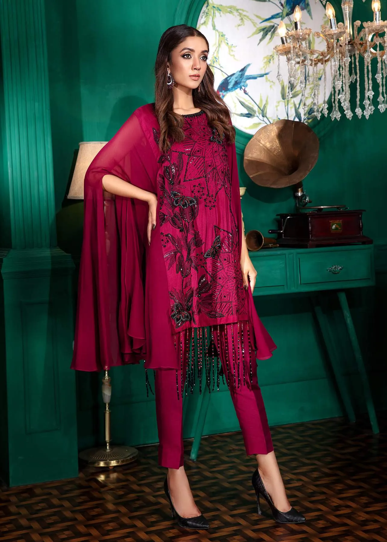 Pakistani Cap Style Shirt Dress in Maroon Shade #WN16