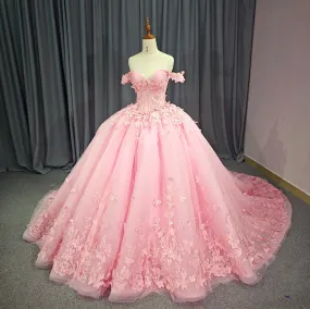 Pink Glamorous Organza Quincenera Dress Ball Gown Off the Shoulder Corset Chapel Train