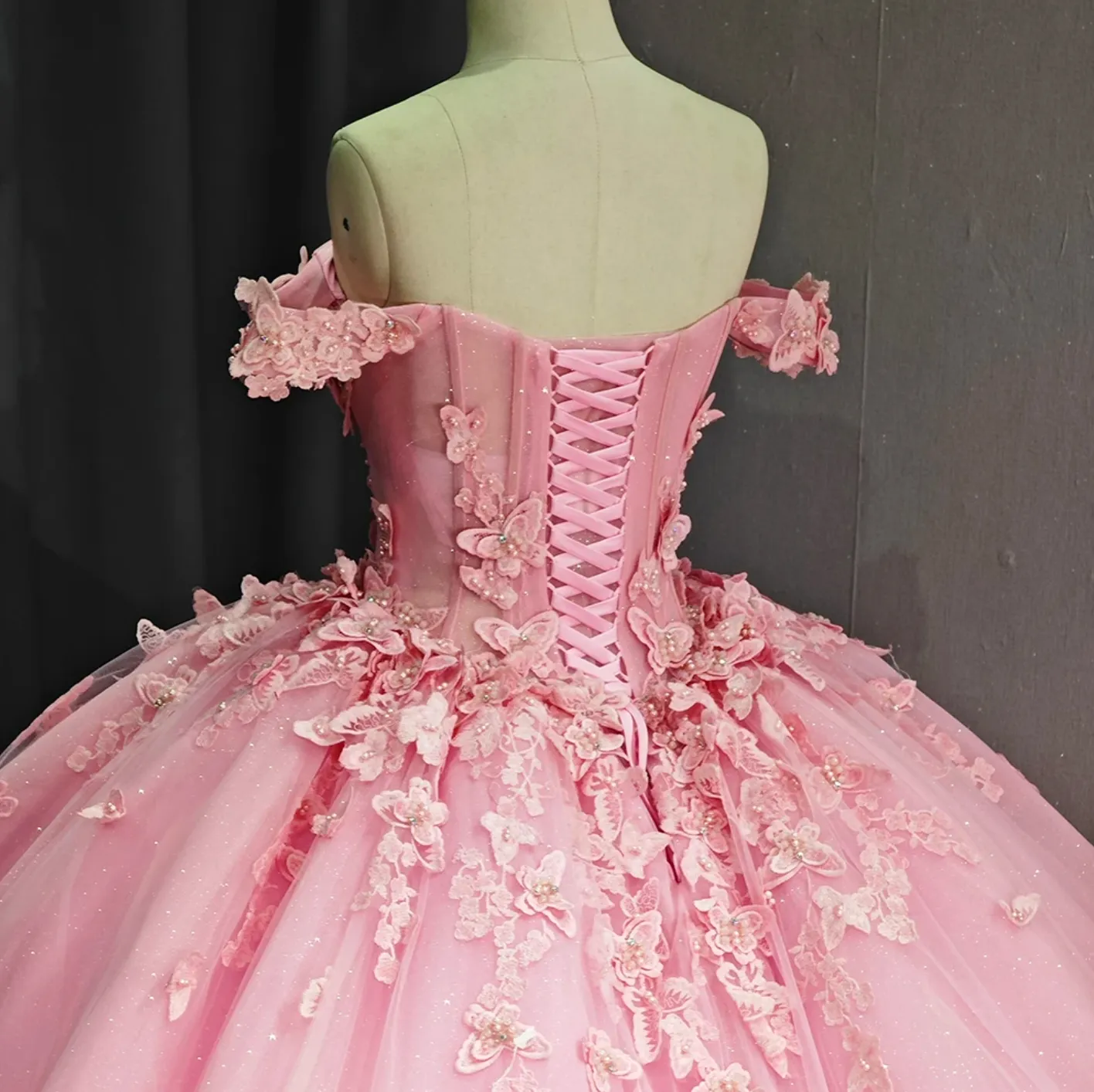 Pink Glamorous Organza Quincenera Dress Ball Gown Off the Shoulder Corset Chapel Train