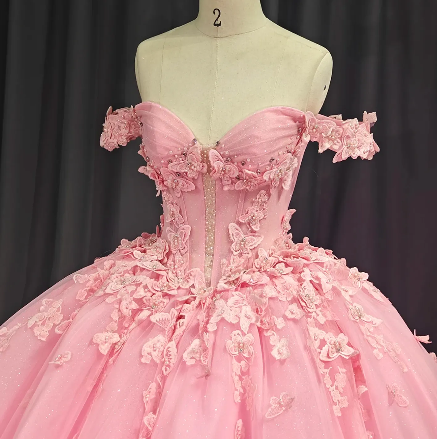 Pink Glamorous Organza Quincenera Dress Ball Gown Off the Shoulder Corset Chapel Train