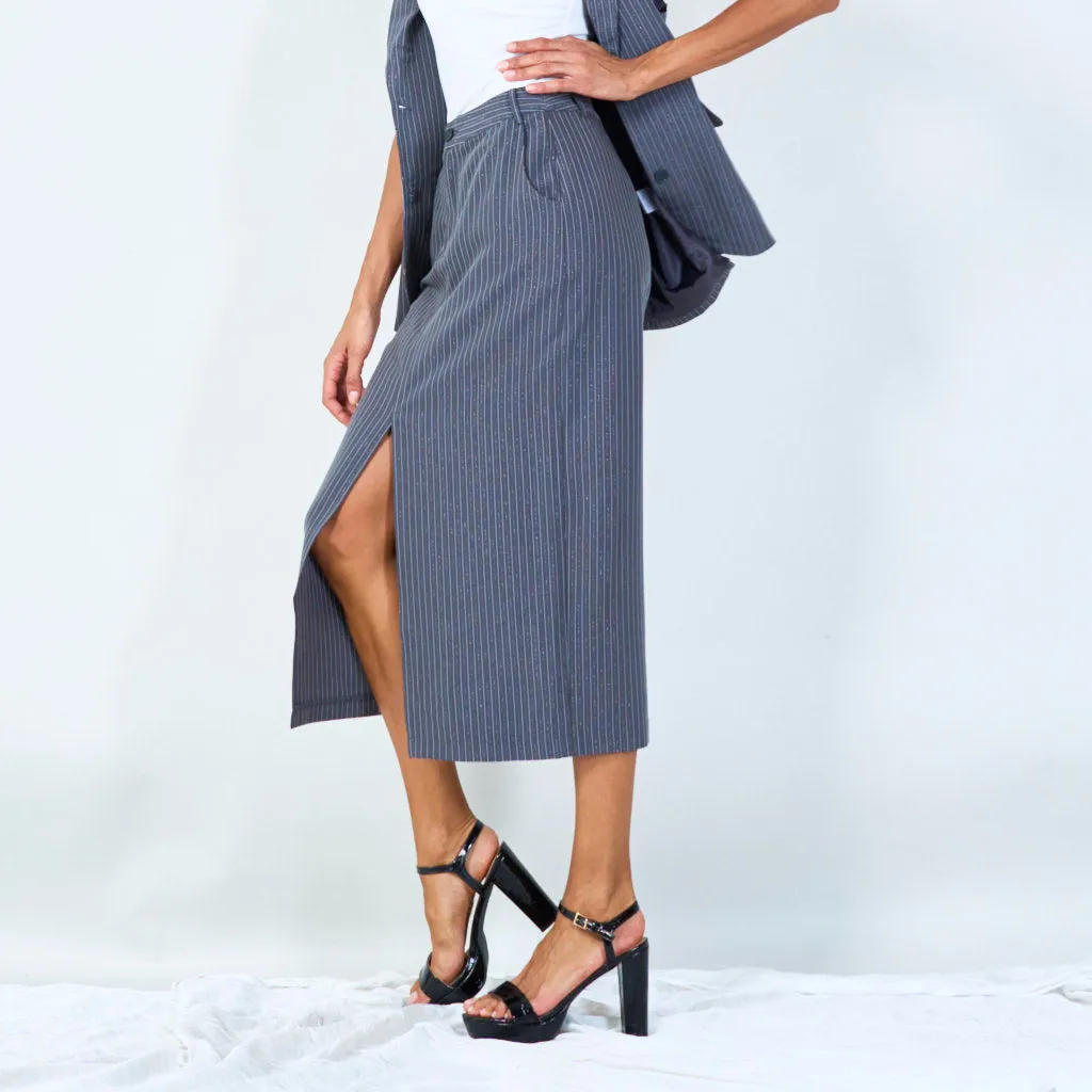 Pinstripe pencil skirt with front slit wholesale