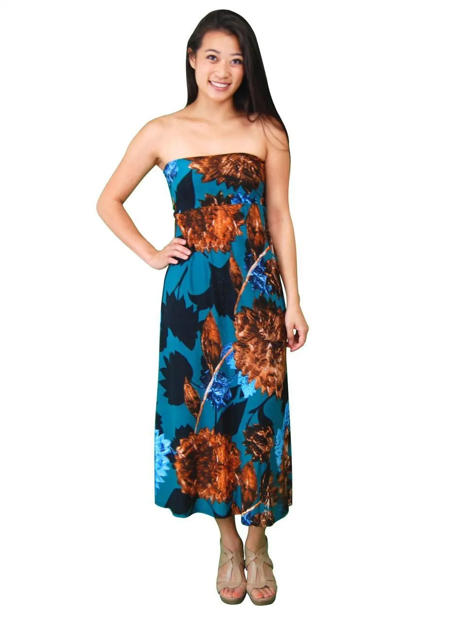 Pom Flower Tan Teal Foldover Maxi Skirt