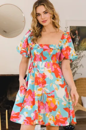 Printed Smocked Puff Sleeve Mini Dress