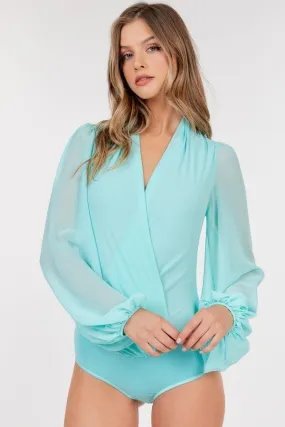 Puff Sleeve Surplice Sheer Chiffon Bodysuit