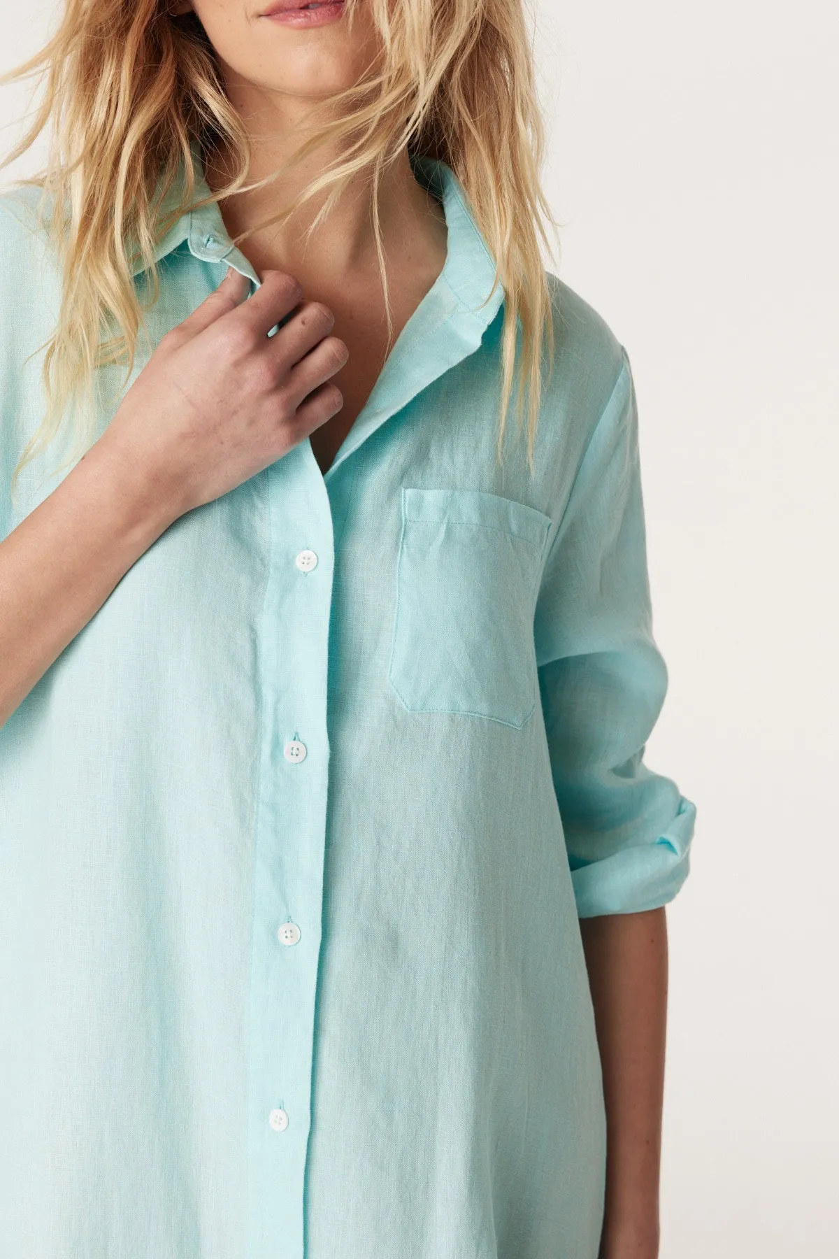 Pure Linen Shirt Dress - Aqua