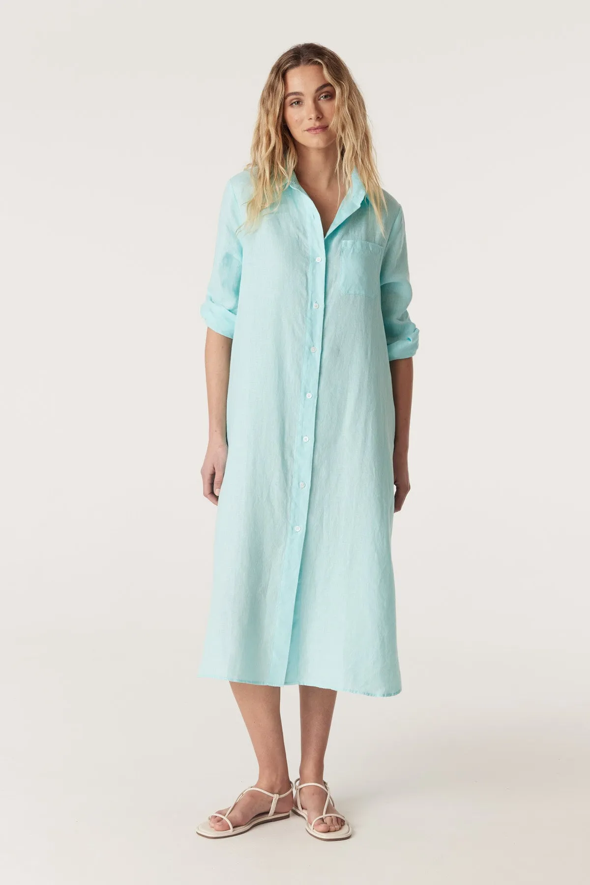 Pure Linen Shirt Dress - Aqua