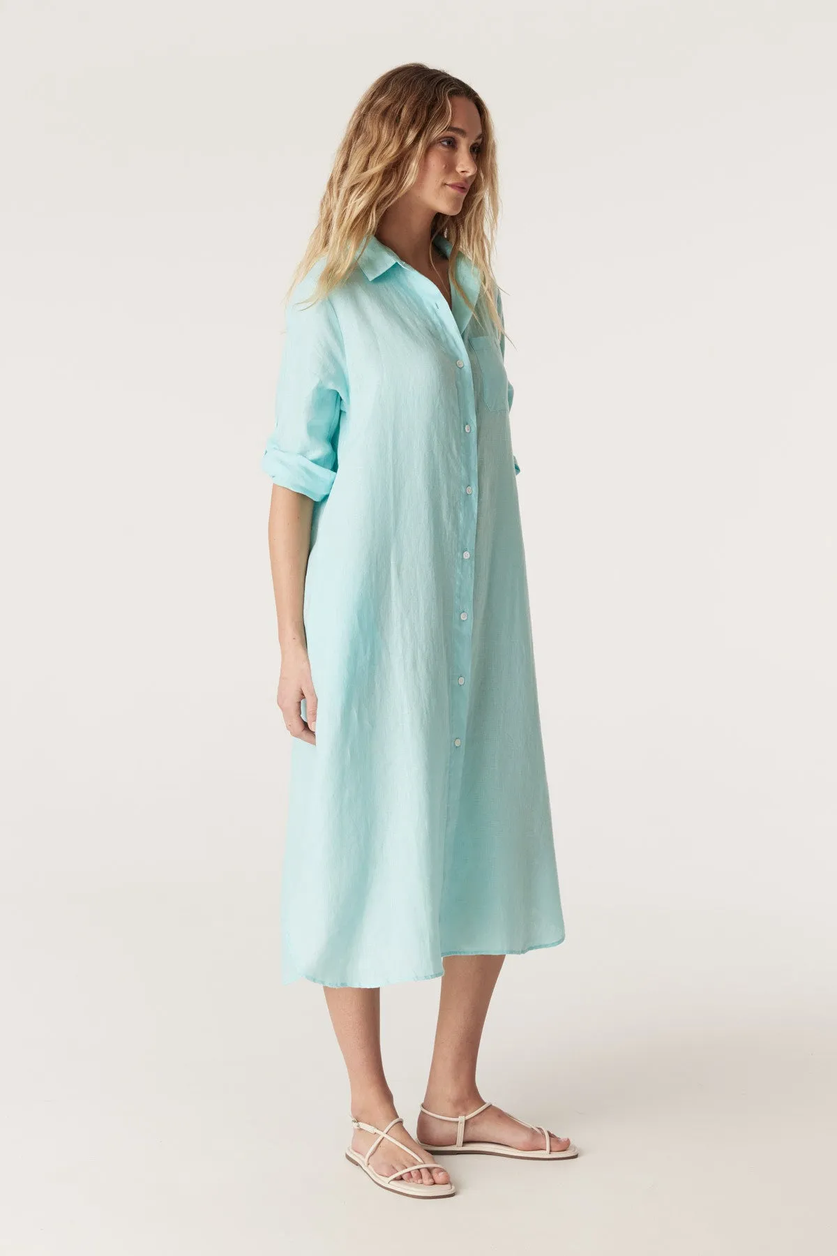 Pure Linen Shirt Dress - Aqua