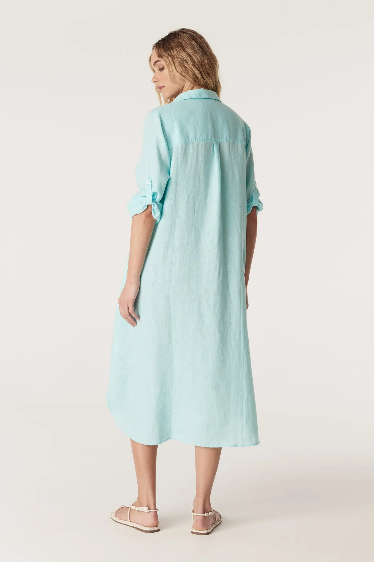 Pure Linen Shirt Dress - Aqua