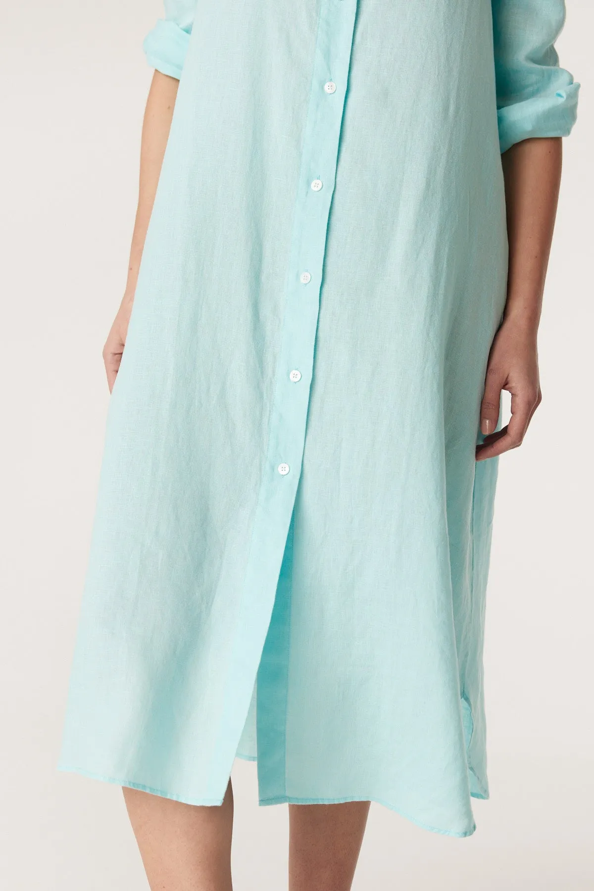 Pure Linen Shirt Dress - Aqua