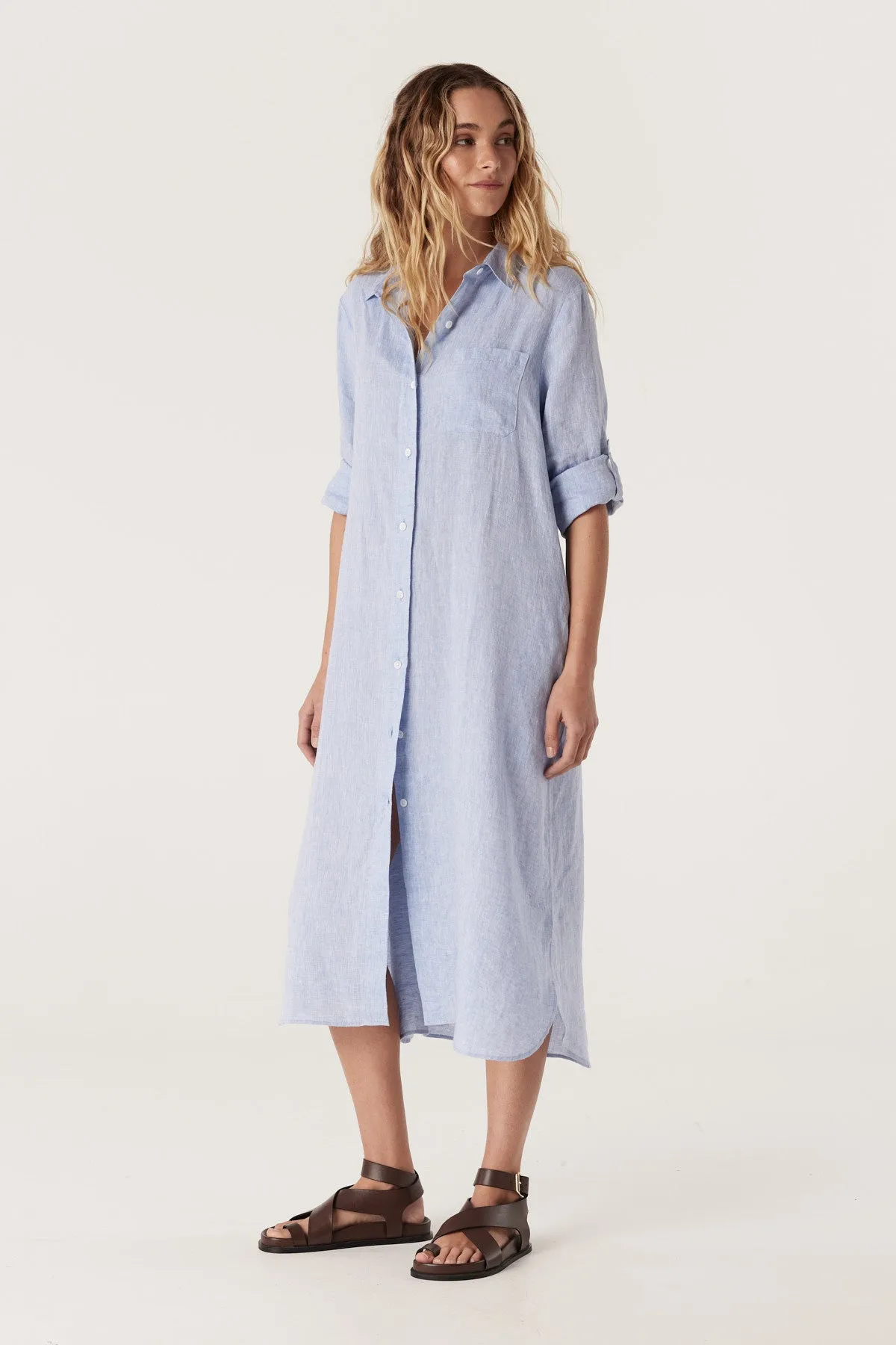 Pure Linen Shirt Dress - Blue Marle