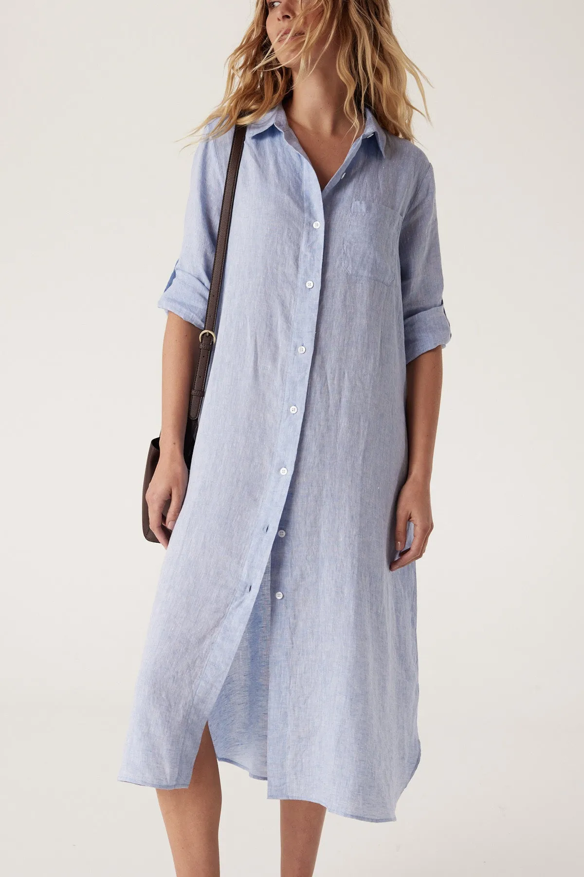 Pure Linen Shirt Dress - Blue Marle