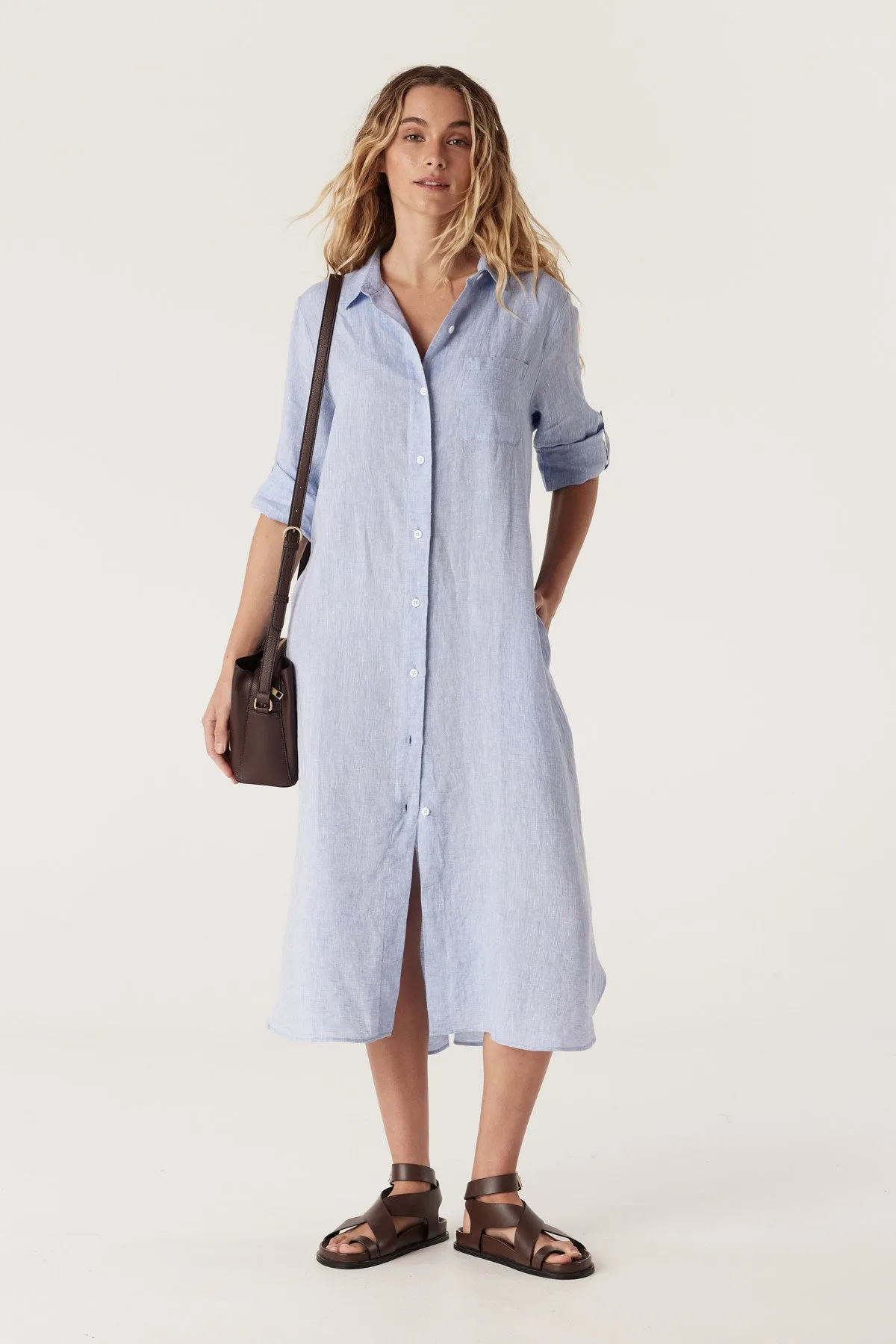 Pure Linen Shirt Dress - Blue Marle