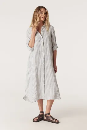 Pure Linen Shirt Dress - Blue Stripe