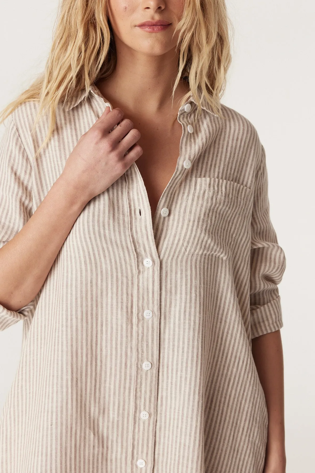 Pure Linen Shirt Dress - Natural Stripe