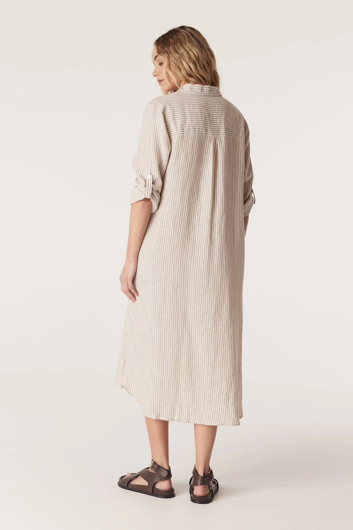 Pure Linen Shirt Dress - Natural Stripe