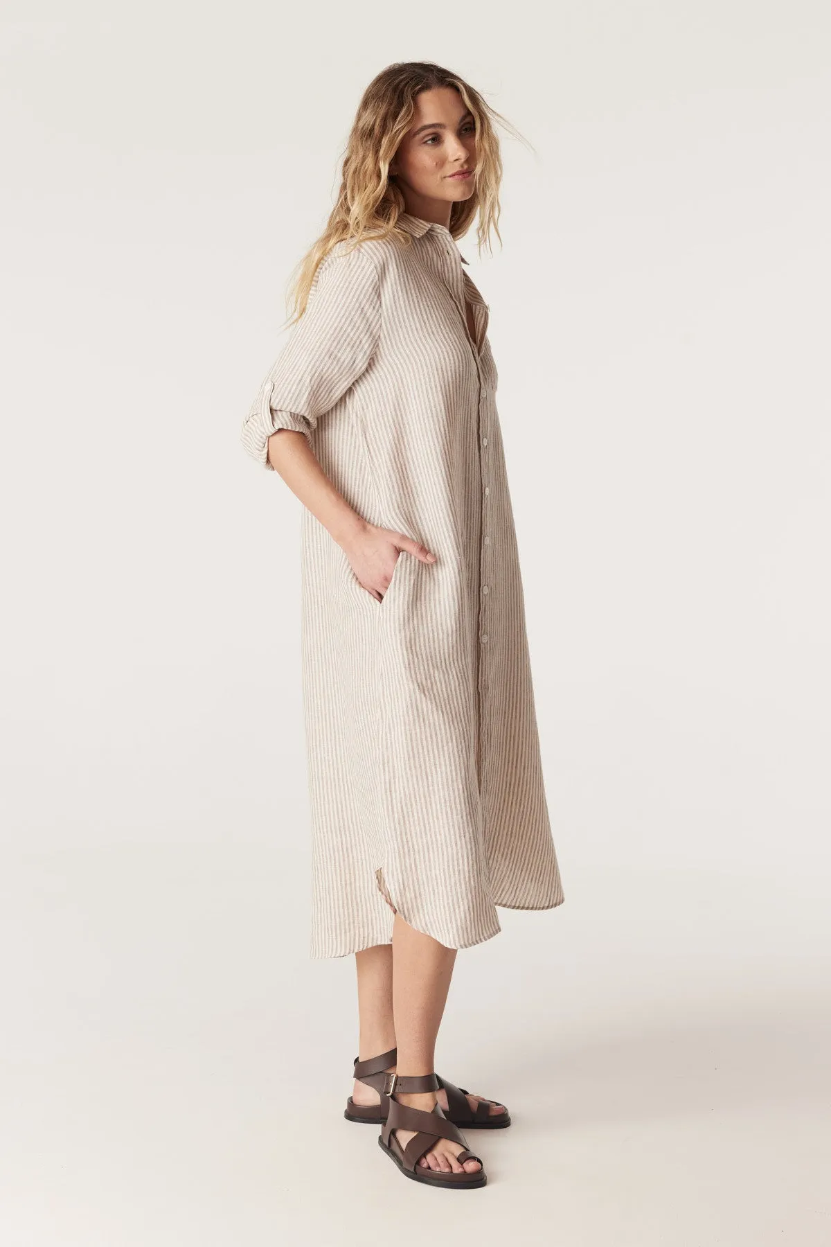 Pure Linen Shirt Dress - Natural Stripe