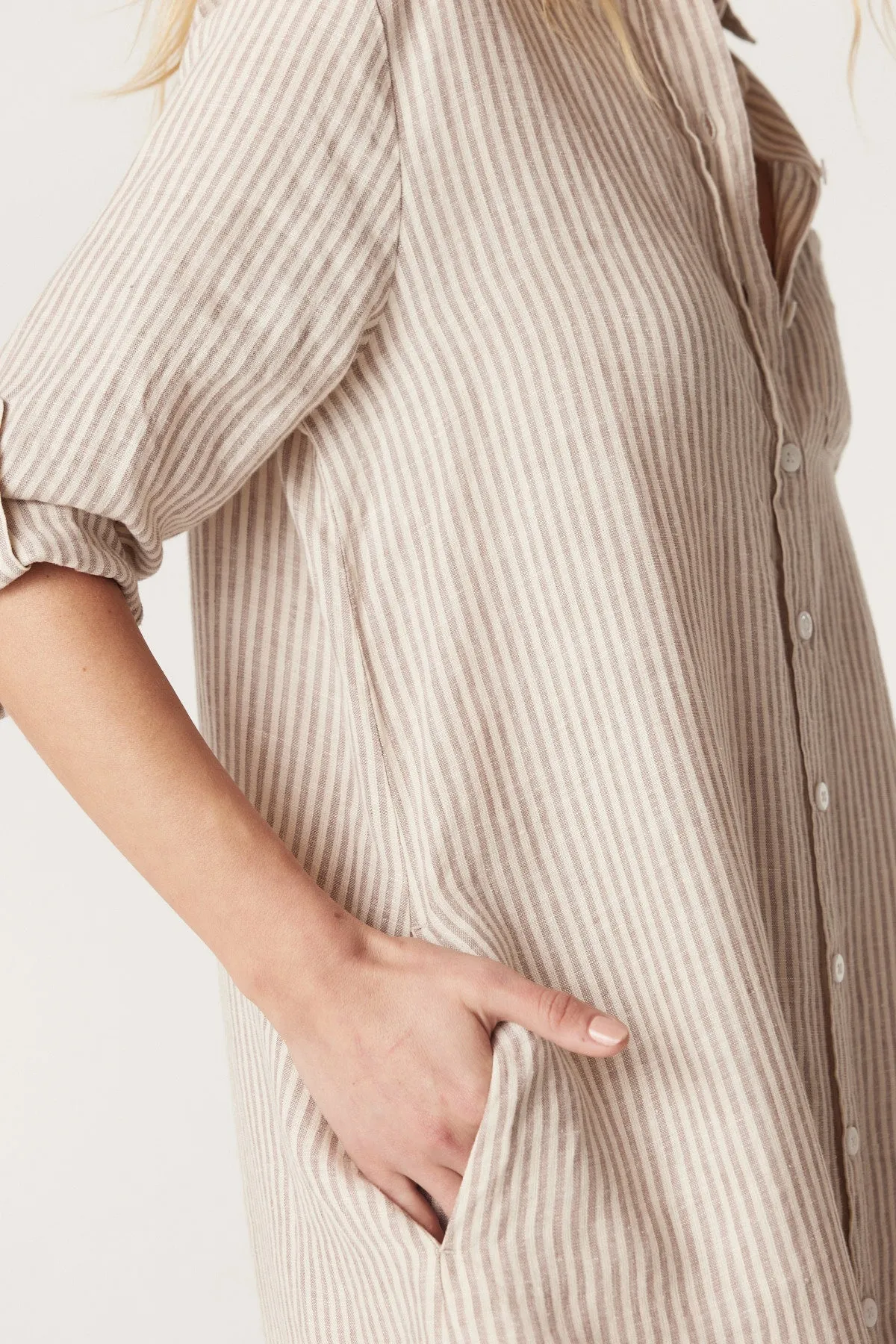 Pure Linen Shirt Dress - Natural Stripe