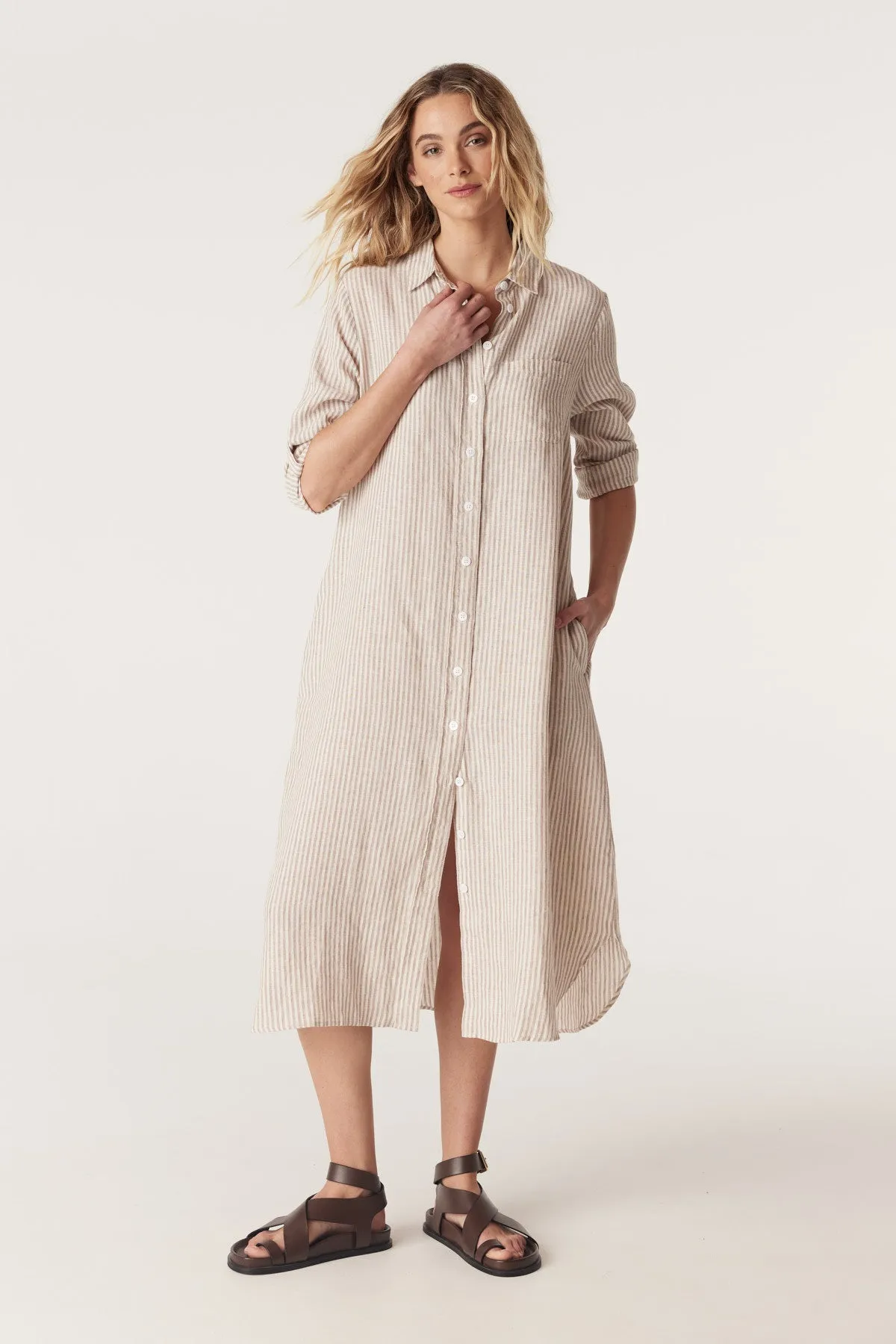 Pure Linen Shirt Dress - Natural Stripe