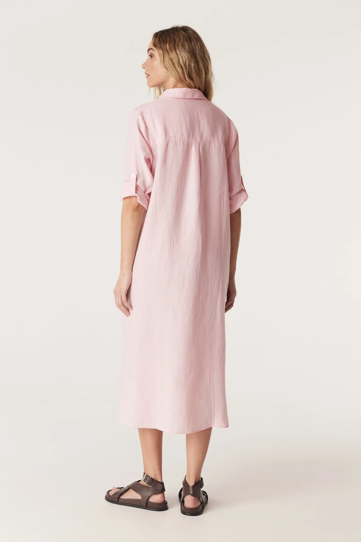 Pure Linen Shirt Dress - Pink