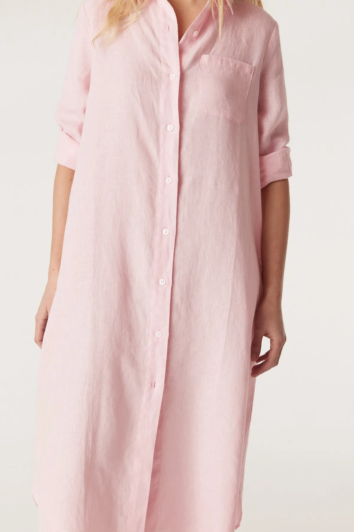 Pure Linen Shirt Dress - Pink