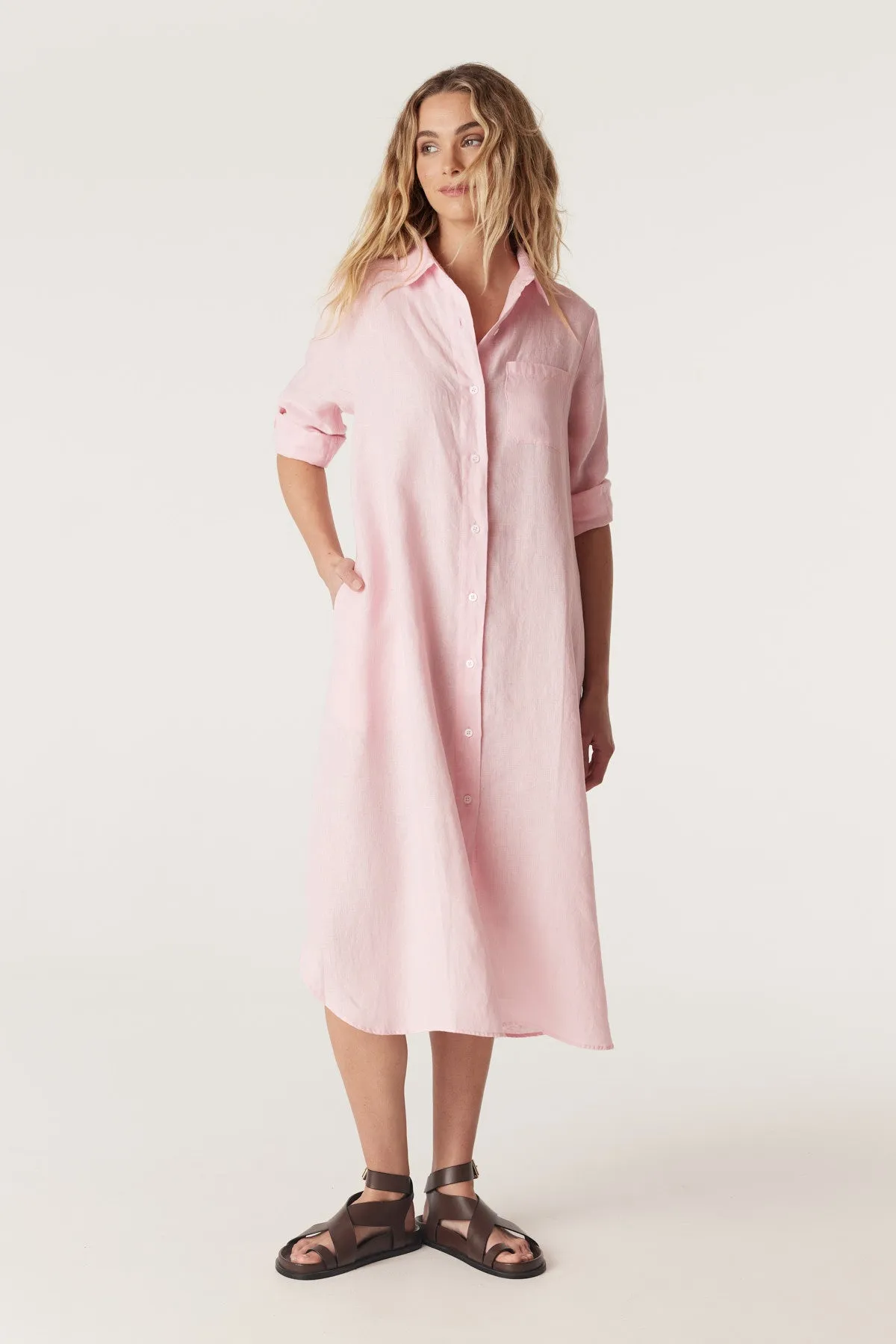 Pure Linen Shirt Dress - Pink