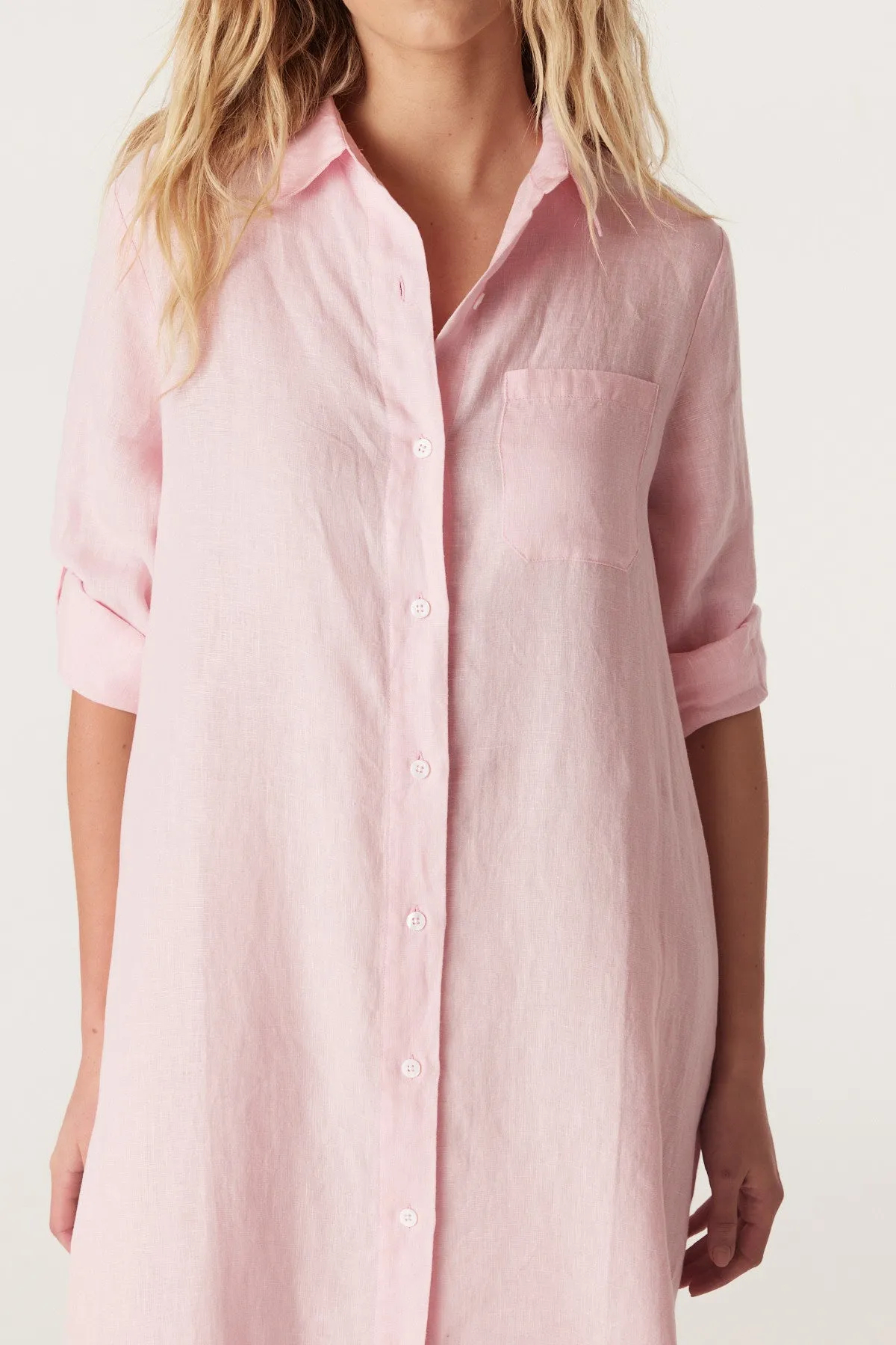 Pure Linen Shirt Dress - Pink